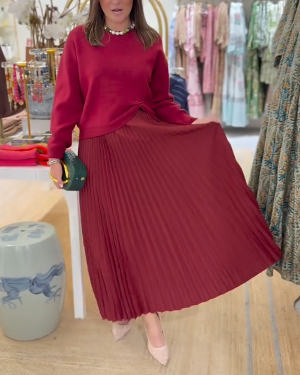 Side-knotted sweater pleated midi skirt suit
