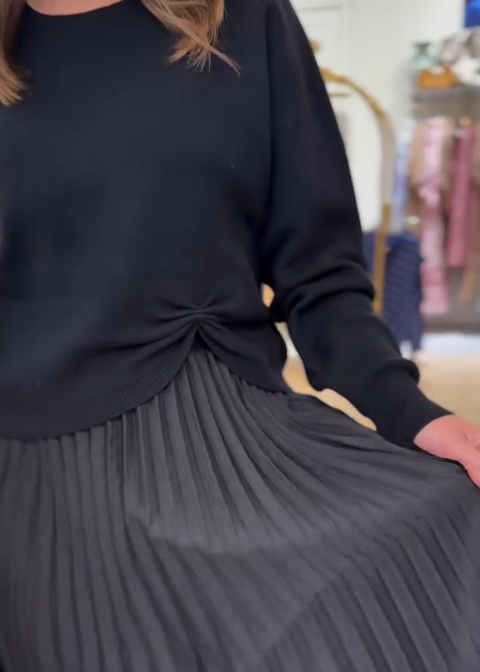 Side-knotted sweater pleated midi skirt suit