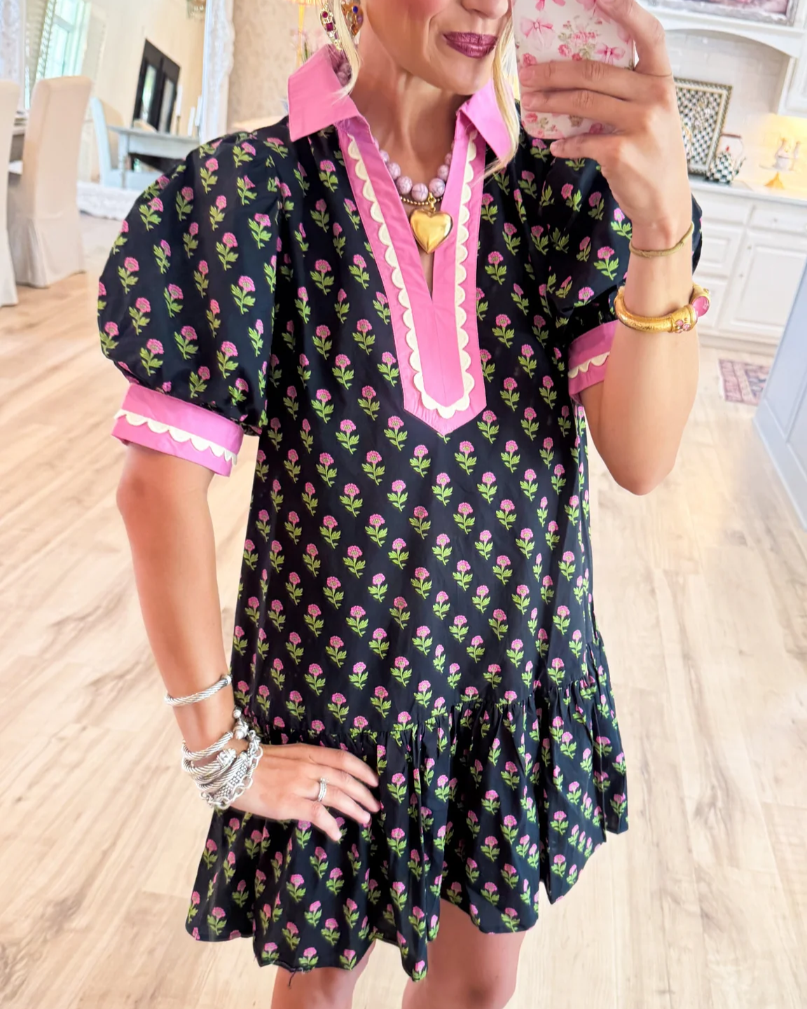 Black and Pink Flower Printed Scallop Trim Mini Dress