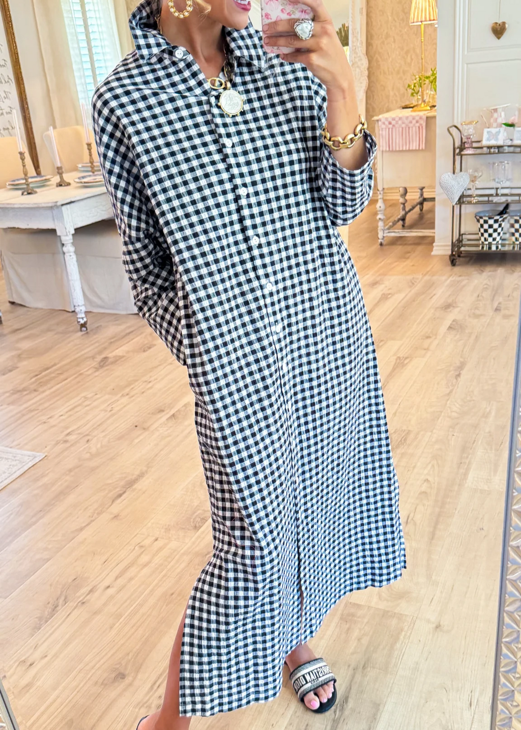 Black Seersucker Gingham Maxi Dress