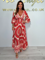 Print V-Neck Smocked Waist Bell Sleeve Dress
