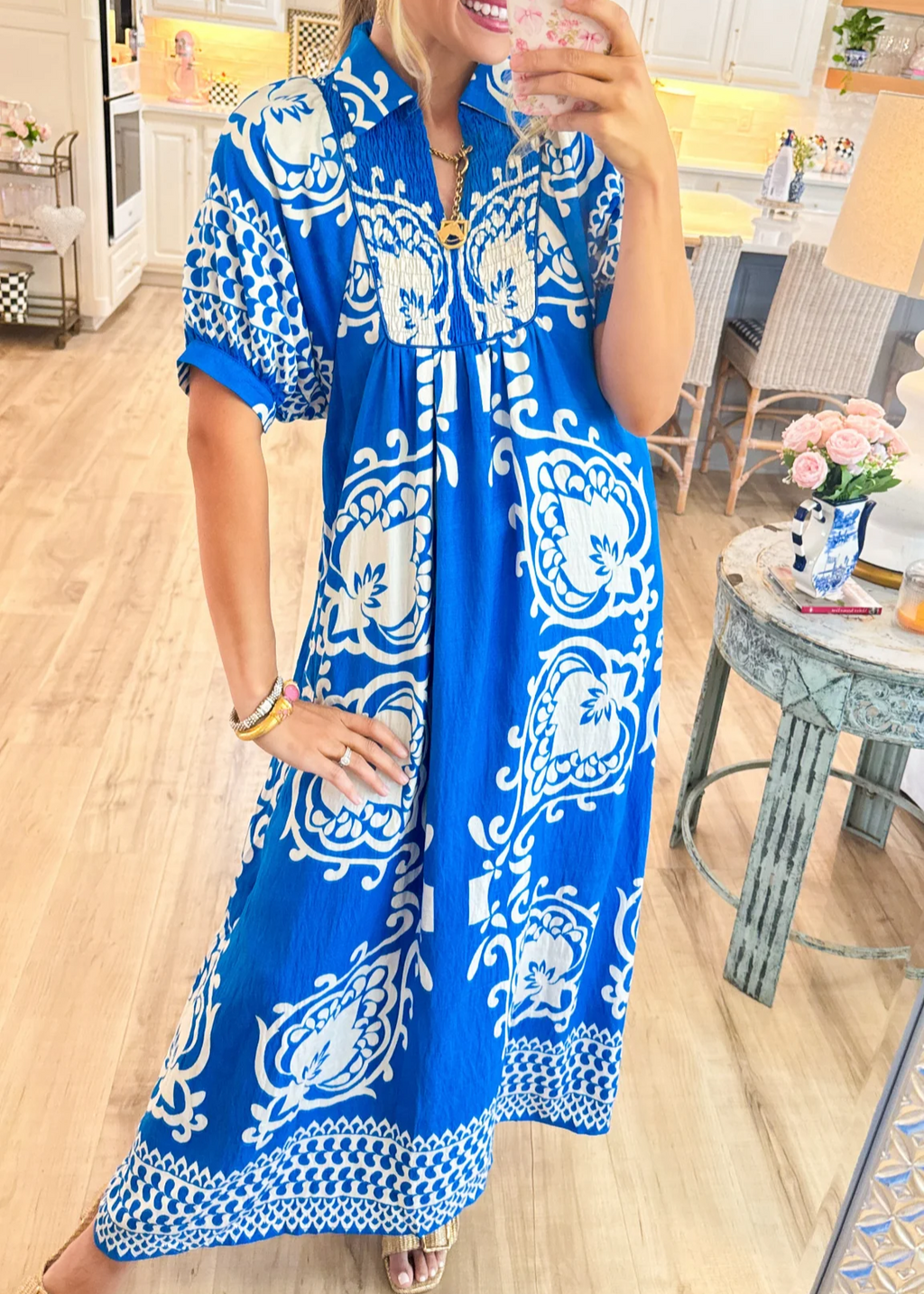 Blue Mixed Print Puff Sleeve Midi Dress