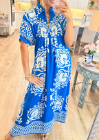 Blue Mixed Print Puff Sleeve Midi Dress