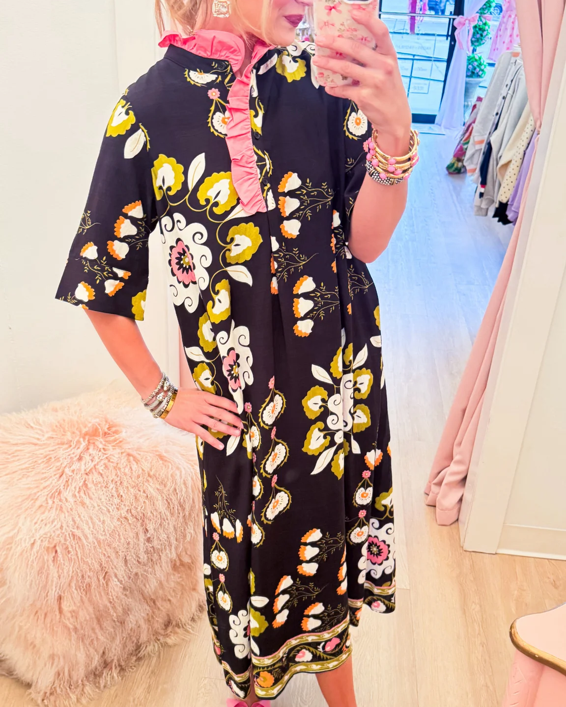 Black Floral Boho Ruffle Midi Dress