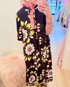 Black Floral Boho Ruffle Midi Dress
