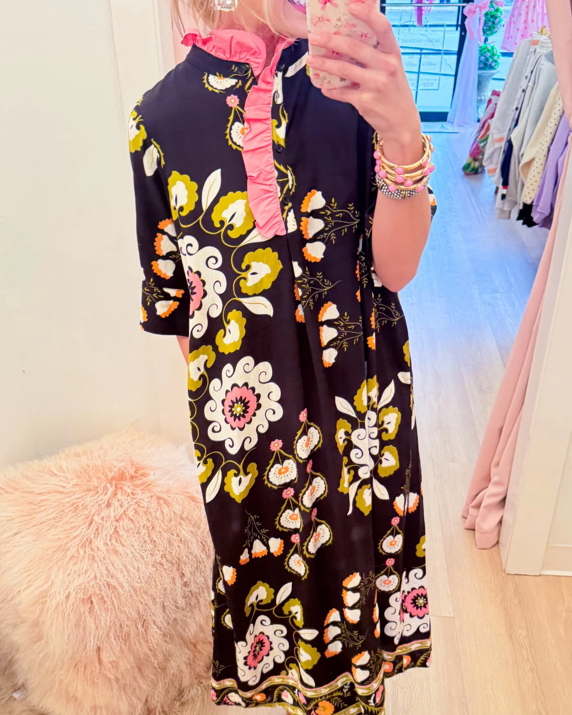 Black Floral Boho Ruffle Midi Dress