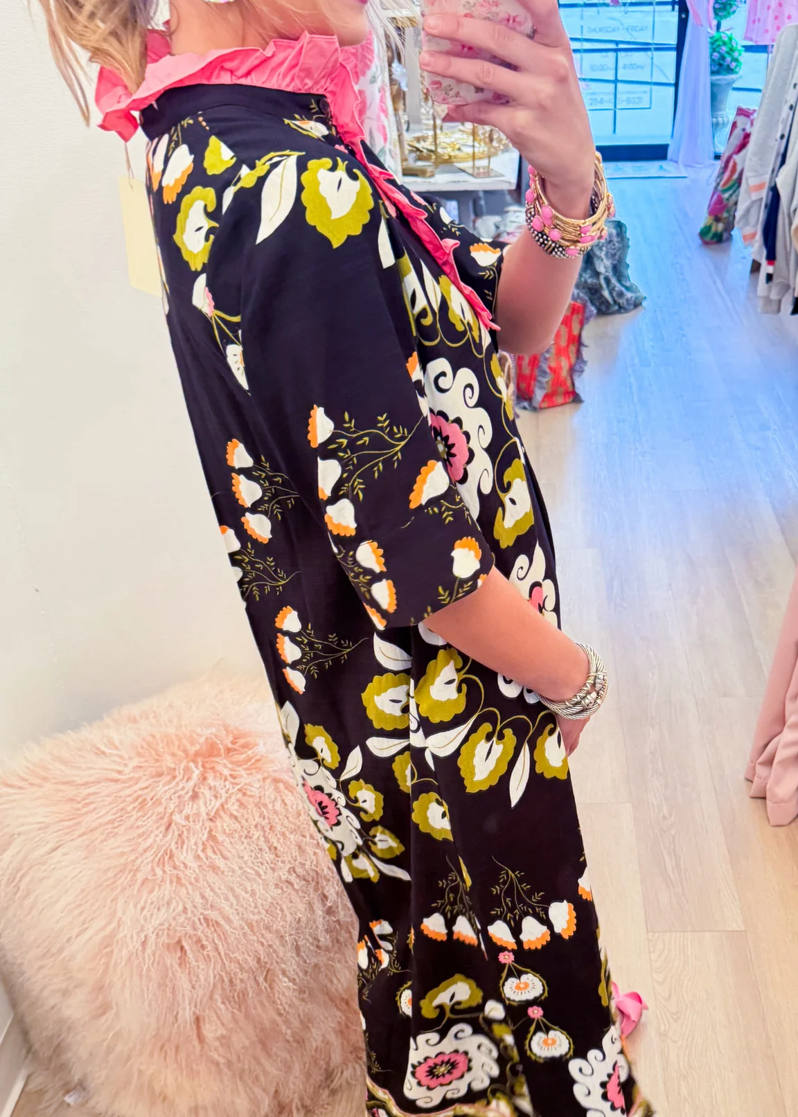 Black Floral Boho Ruffle Midi Dress
