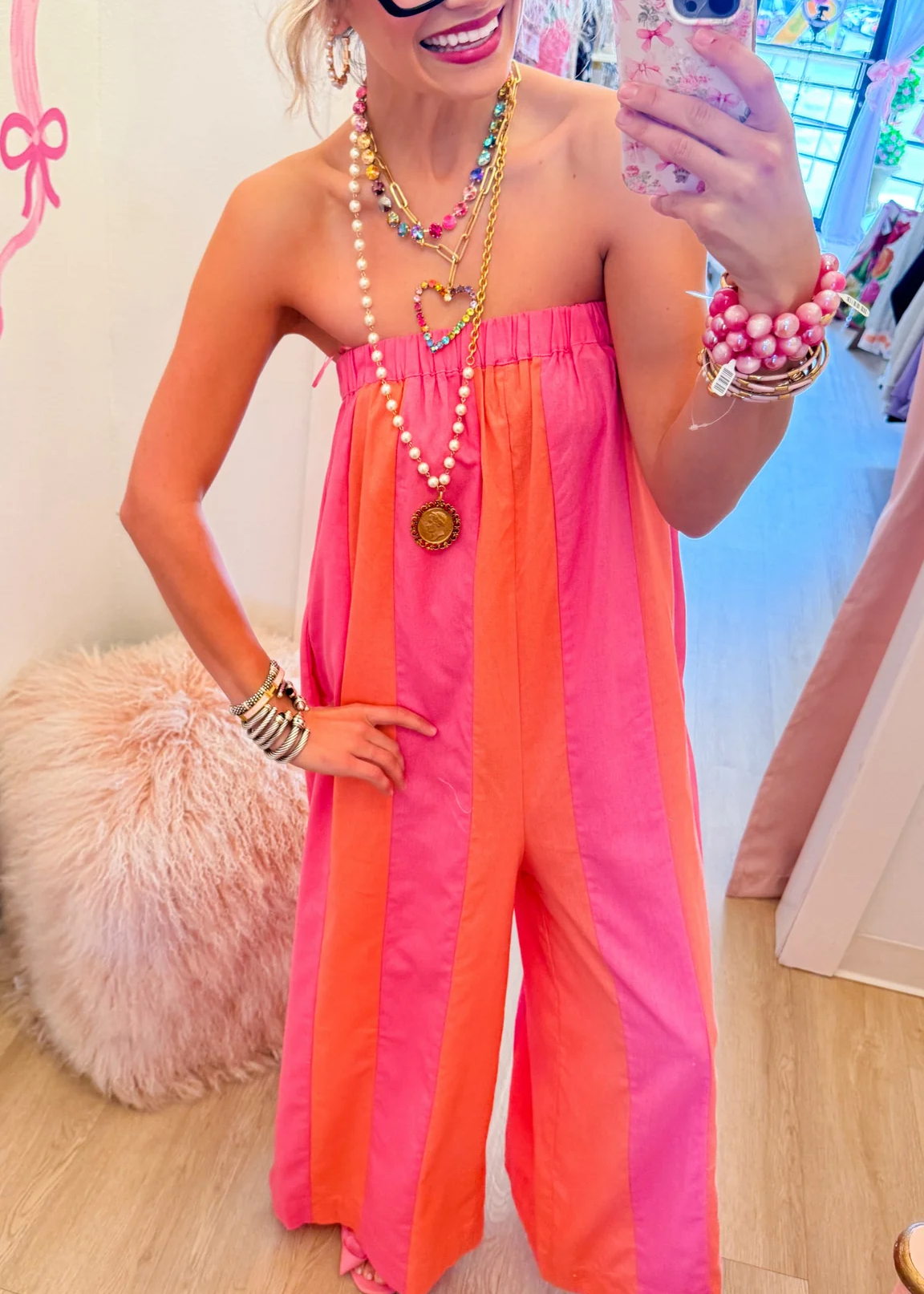 Hibiscus and Melon Striped Strapless Jumpsuit