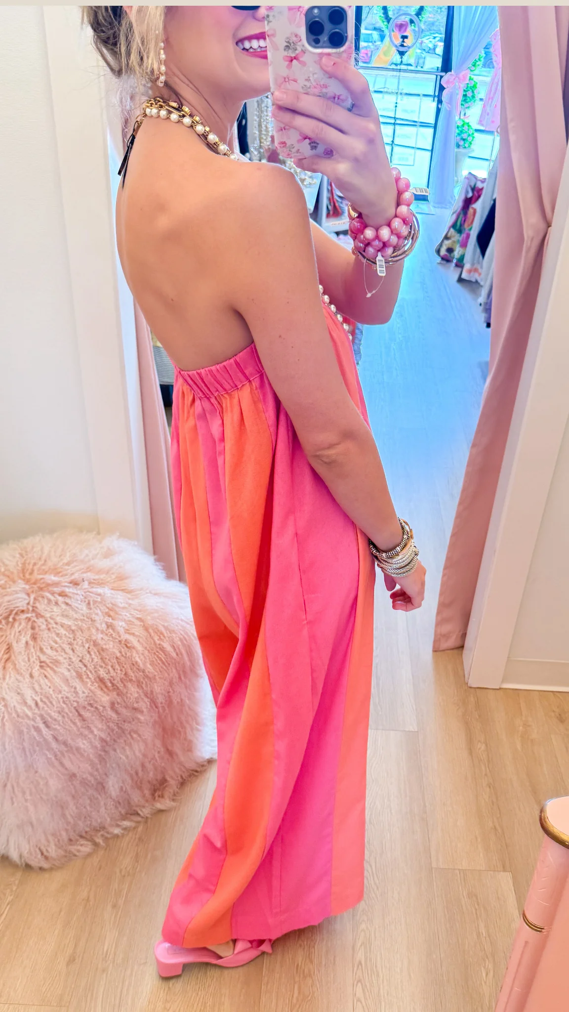 Hibiscus and Melon Striped Strapless Jumpsuit