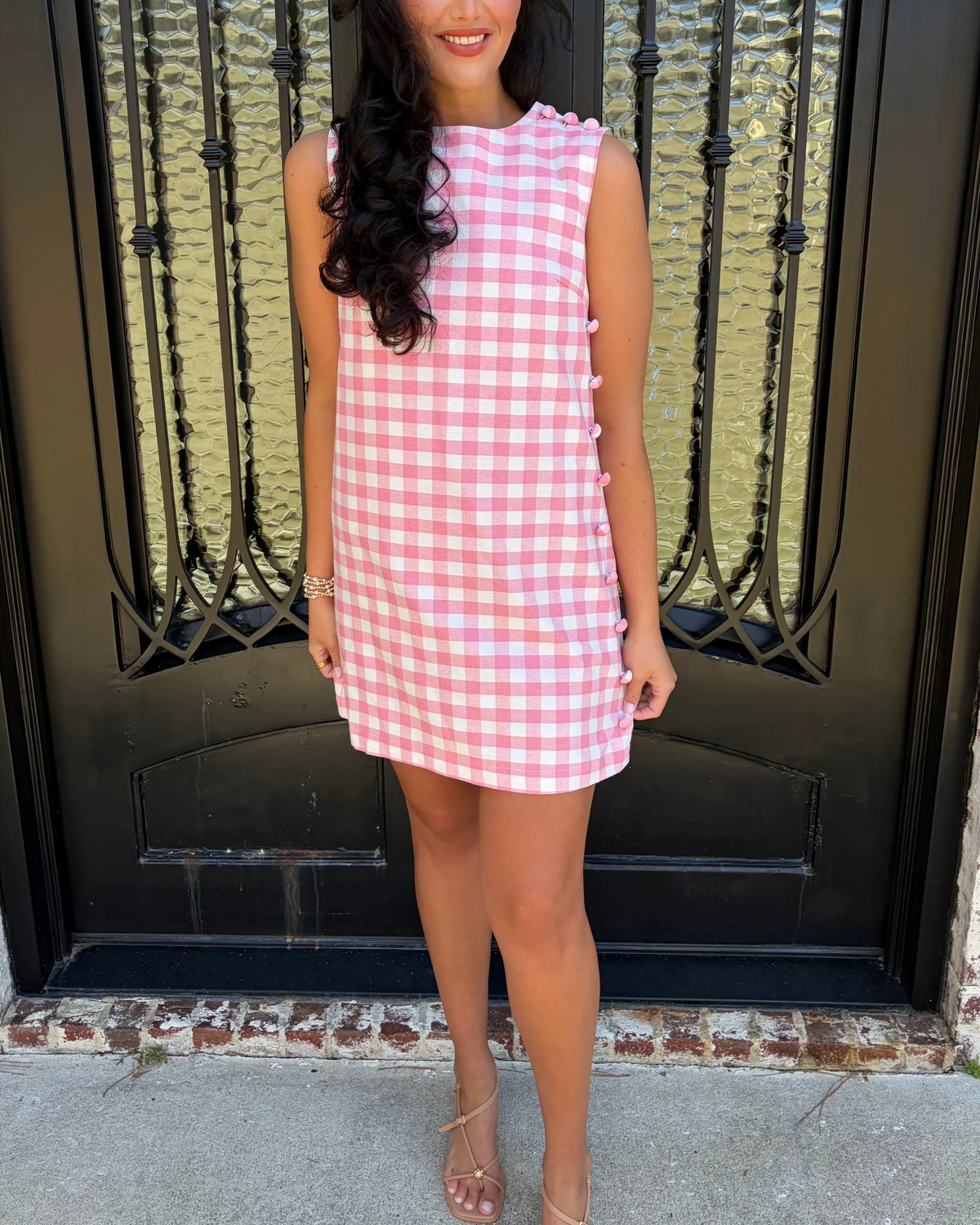Pink Gingham Side Button Shift Dress