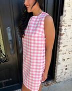 Pink Gingham Side Button Shift Dress