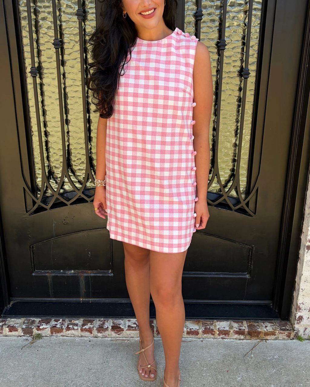 Pink Gingham Side Button Shift Dress