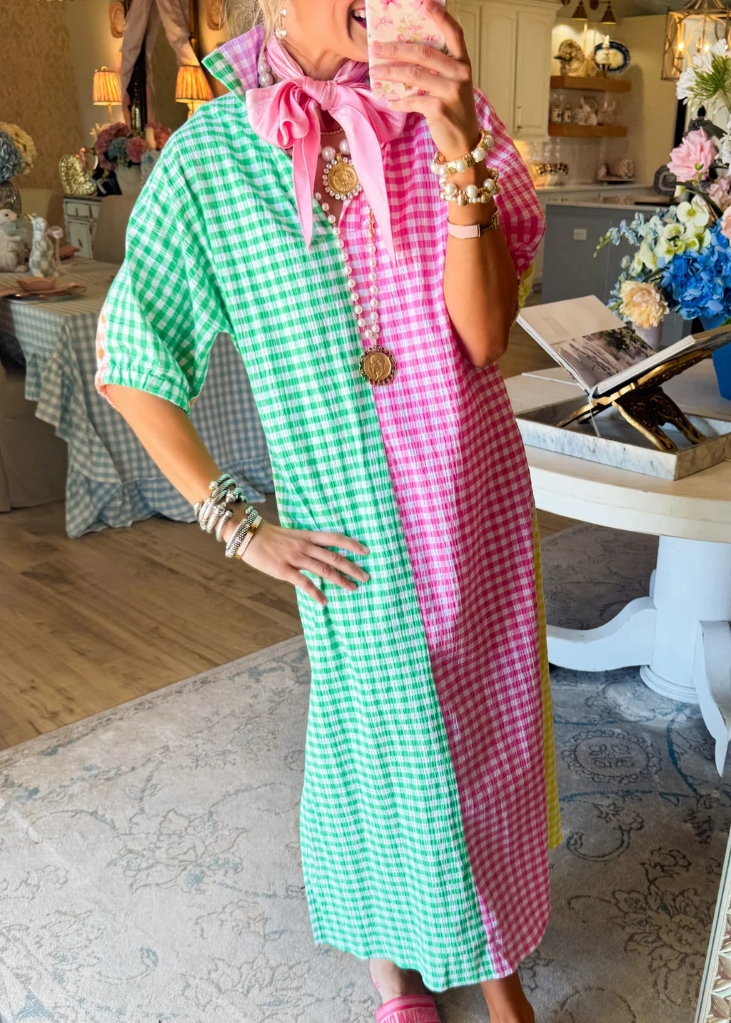Colorblock Gingham Midi Dress