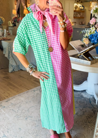 Colorblock Gingham Midi Dress