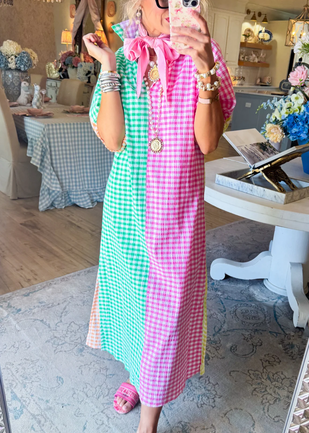 Colorblock Gingham Midi Dress