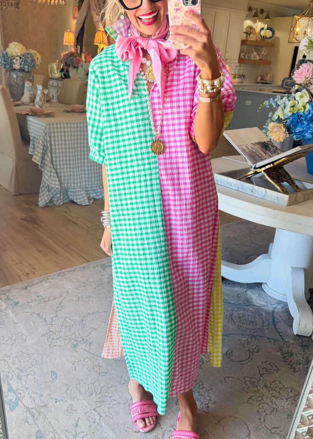 Colorblock Gingham Midi Dress