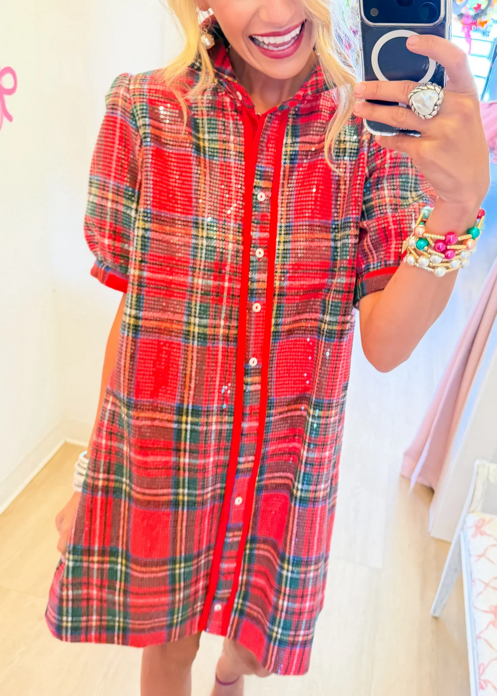 Holiday Sparkle Plaid Button-Front Mini Dress