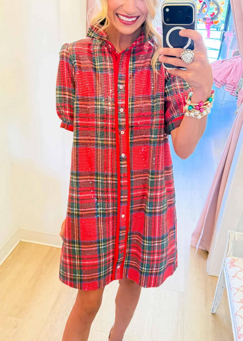 Holiday Sparkle Plaid Button-Front Mini Dress