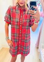 Holiday Sparkle Plaid Button-Front Mini Dress