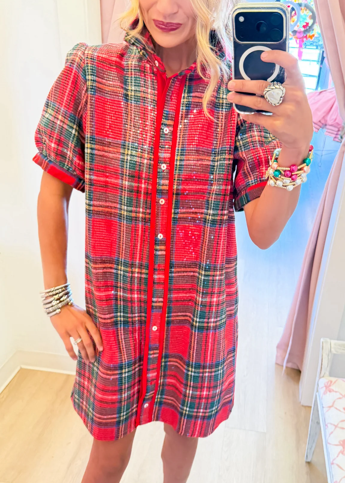 Holiday Sparkle Plaid Button-Front Mini Dress