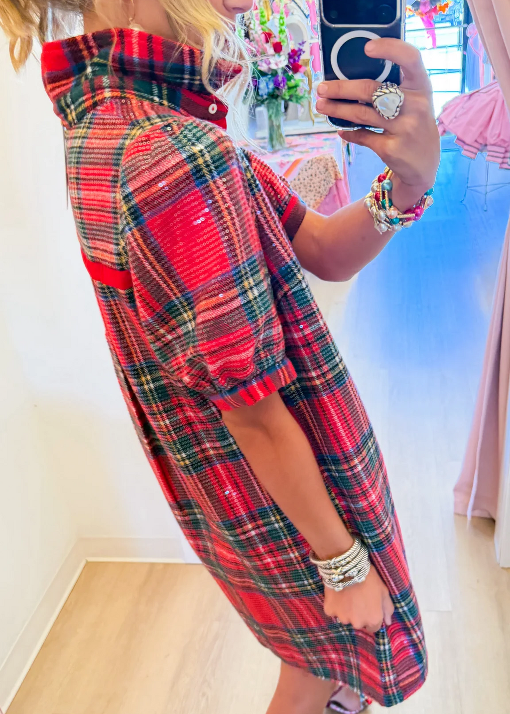 Holiday Sparkle Plaid Button-Front Mini Dress