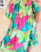 Green Mix Tropical Print Mini Dress