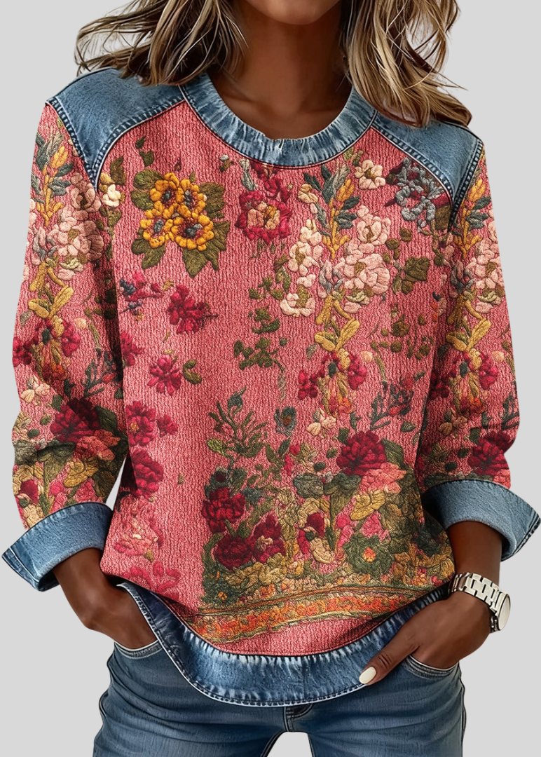Orabelle™ | Floral Print Denim-Trim Sweatshirt