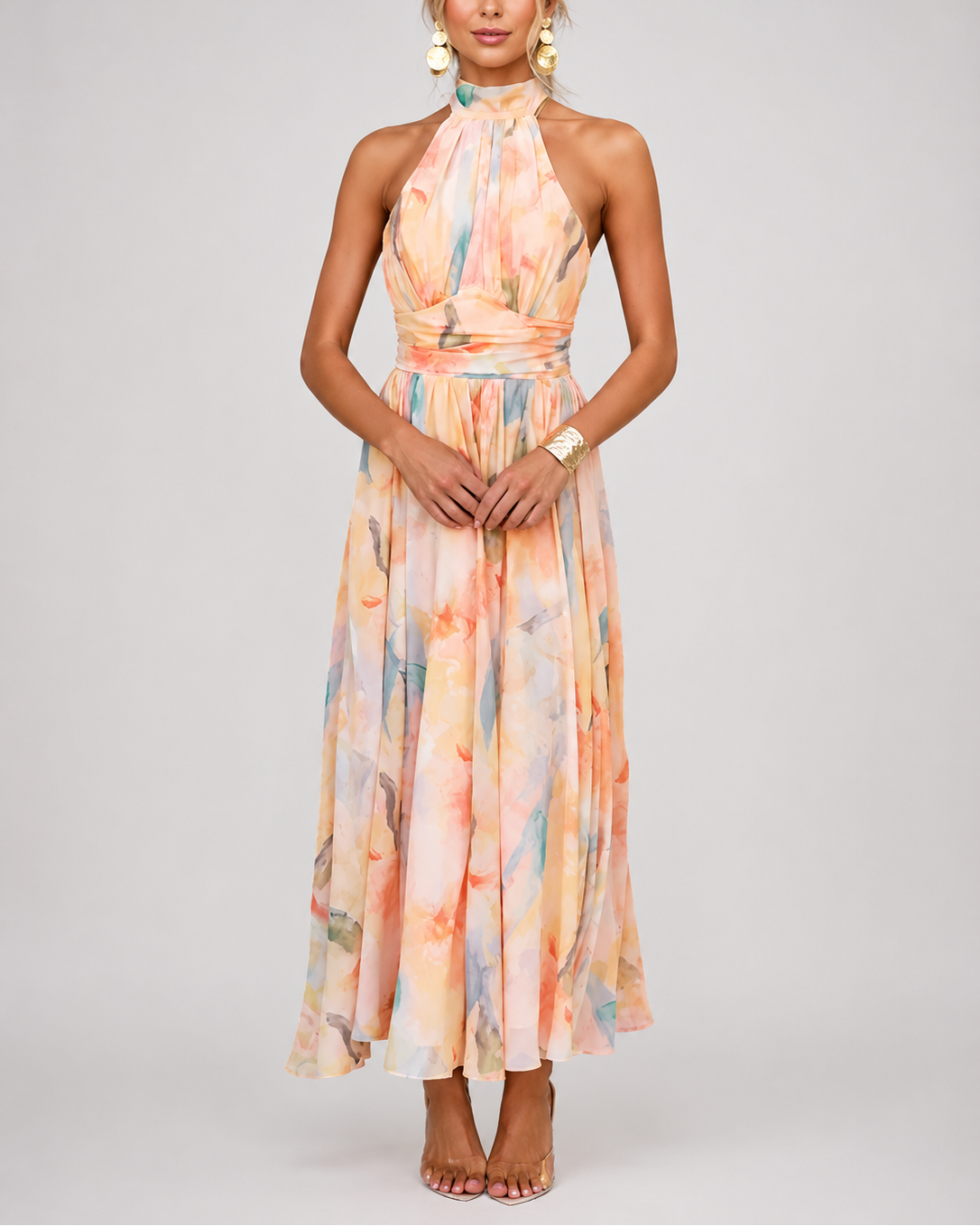 French Vintage Halter Maxi Dress - Watercolor Floral Summer Vacation Dress