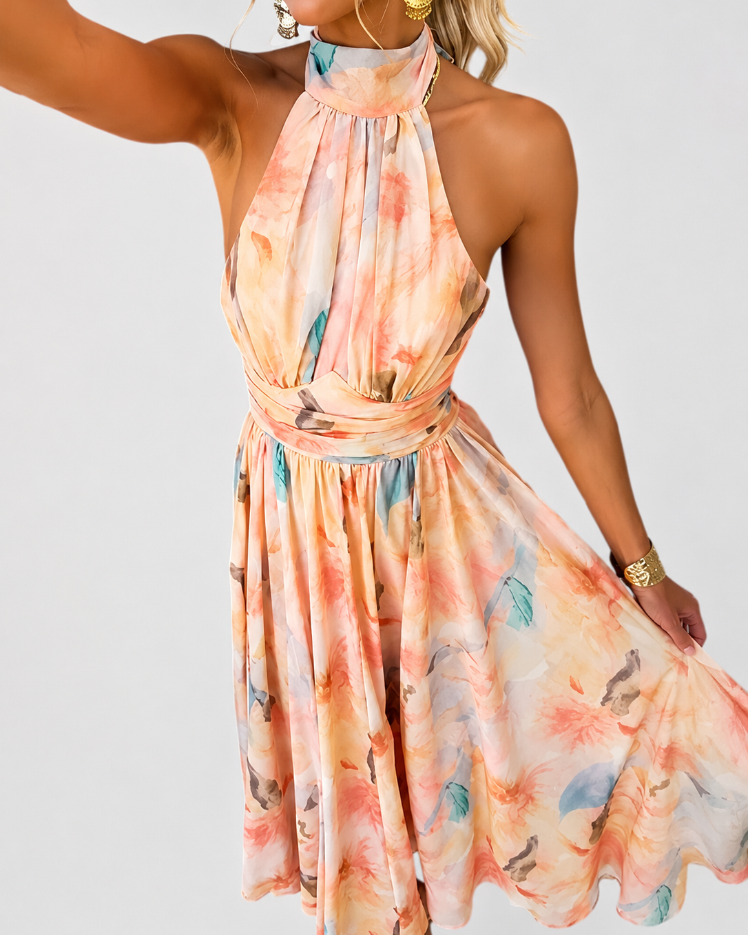 French Vintage Halter Maxi Dress - Watercolor Floral Summer Vacation Dress