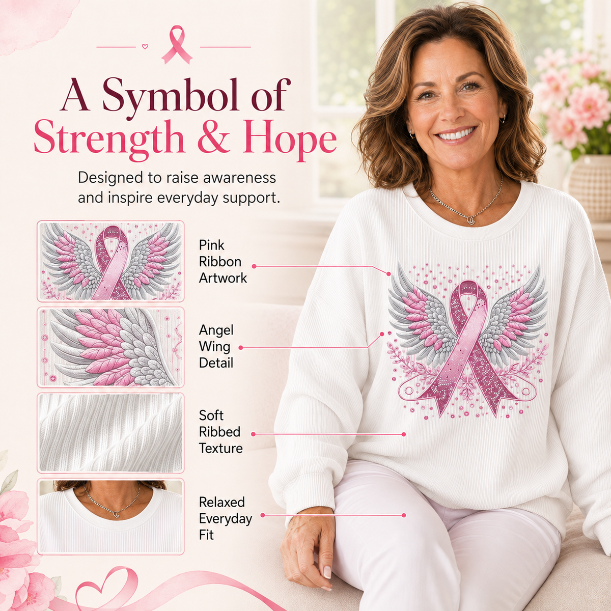 🎀Breast Cancer Awareness Angel Wings Pink Ribbon Sweatshirt – Support, Strength & Hope