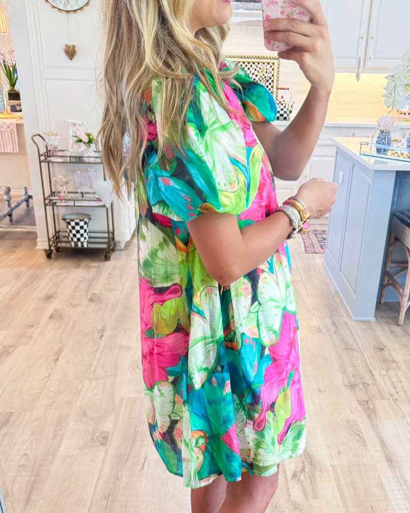 Green Mix Tropical Print Mini Dress