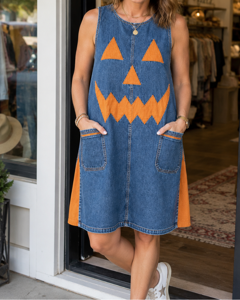 Denim Pumpkin Sleeveless Applique Patch Pocket Halloween Dress