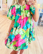 Green Mix Tropical Print Mini Dress