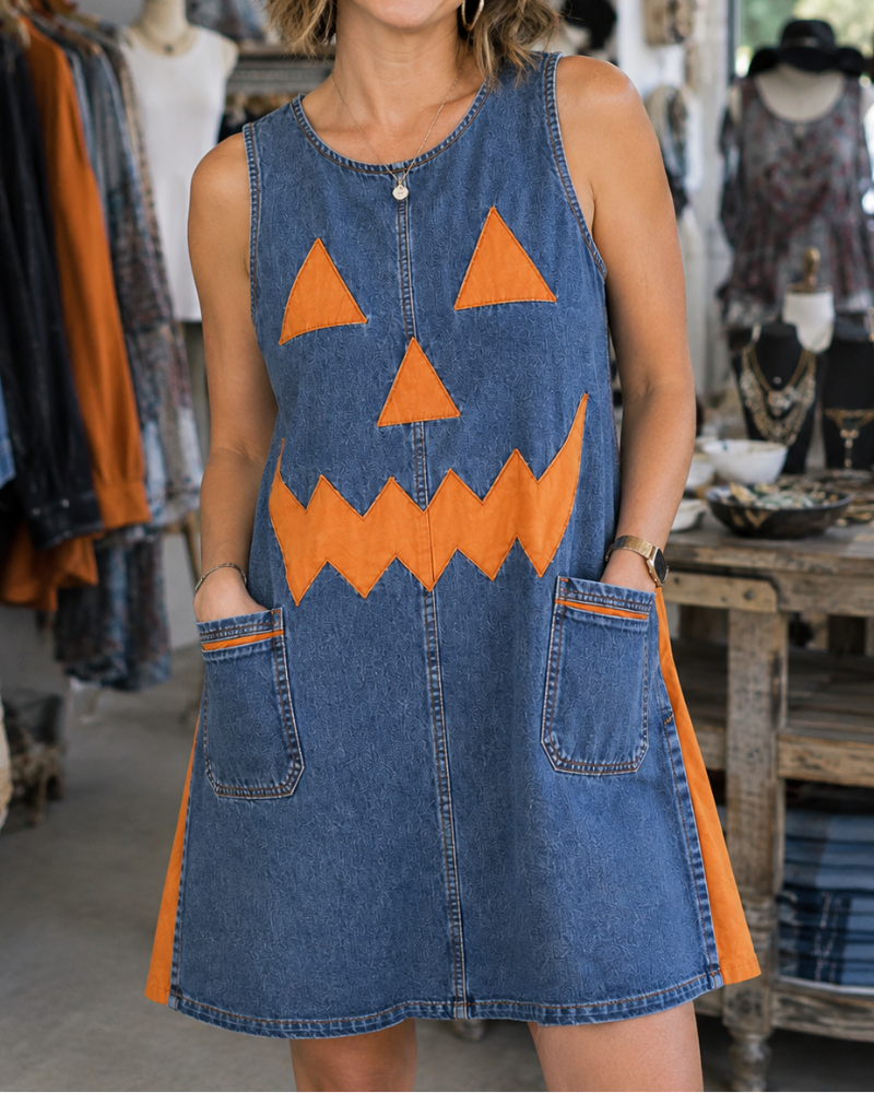 Denim Pumpkin Sleeveless Applique Patch Pocket Halloween Dress