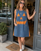 Denim Pumpkin Sleeveless Applique Patch Pocket Halloween Dress