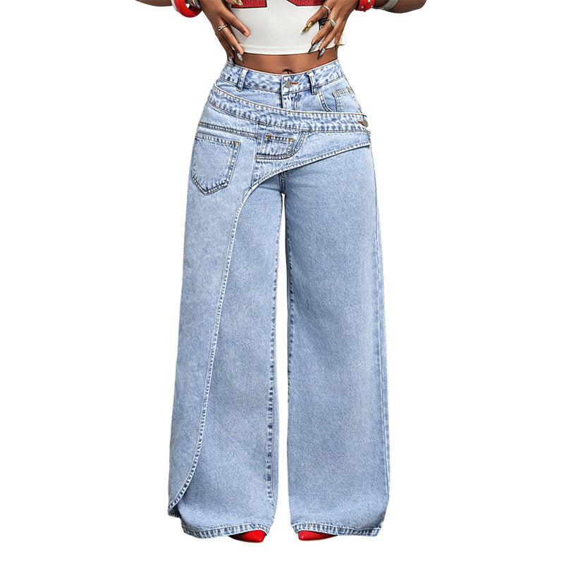 ⌛Limited-Time Offer-Women's Asymmetrical Waist Wide Leg Jeans.
