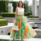 ⌛Limited-Time Offer-Women's Watercolor Floral Print Tulle Midi Skirt