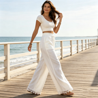 🌿Women's Wide Leg Linen Pants with Lace Hem