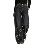 🔥 2026 Fresh Drops | Flat 50% OFF & FREE SHIPPING Today! 💸Women's Metal Eyelet Cutout Wide-Leg Jeans