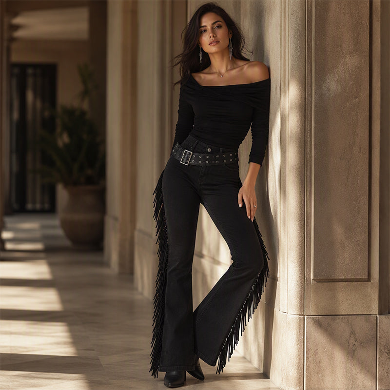 ⌛Limited-Time Offer-Women's High-Waist Flare Jeans with Side Fringe