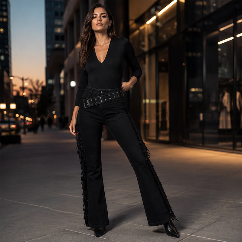 ⌛Limited-Time Offer-Women's High-Waist Flare Jeans with Side Fringe