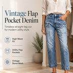 ✨ Flattering Denim | Women's High-Waisted Flap-Pocket Straight-Leg Jeans