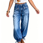 ✨ Standout Denim | Women's High-Waisted Convertible Balloon Jeans with Drawstring Cuffs