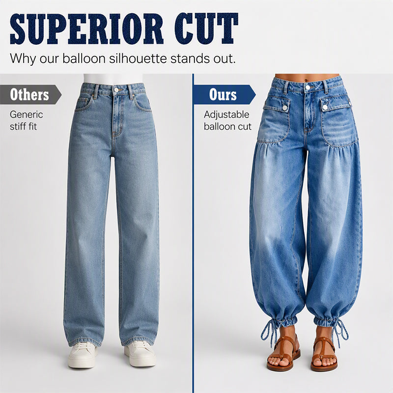 ✨ Standout Denim | Women's High-Waisted Convertible Balloon Jeans with Drawstring Cuffs