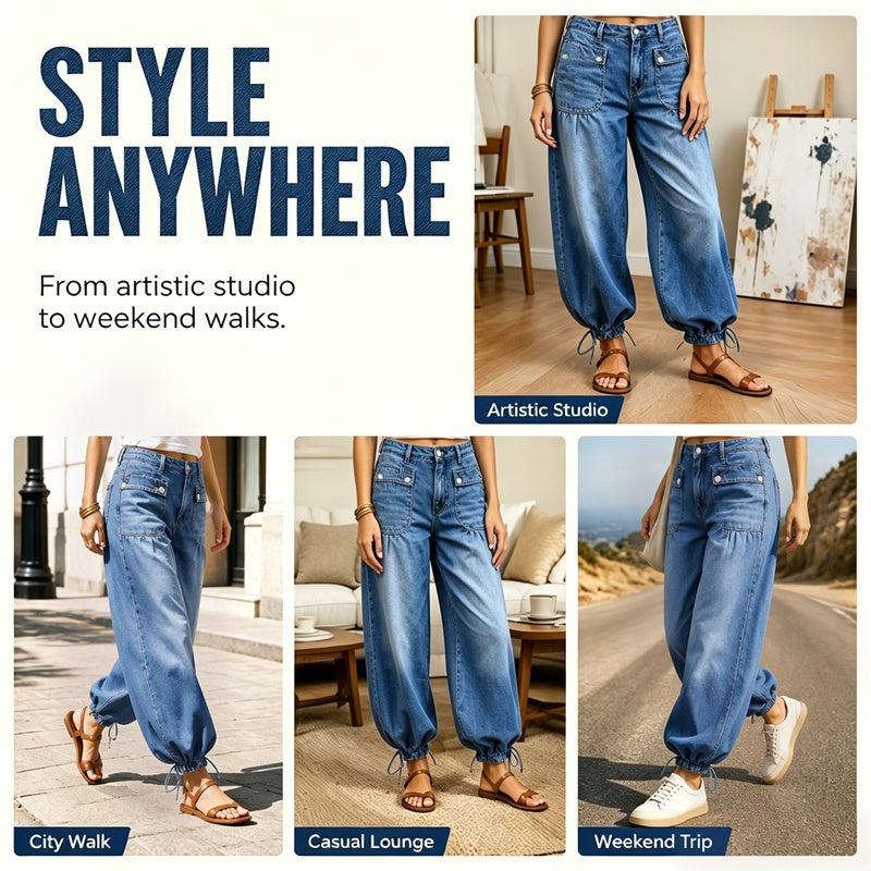 ✨ Standout Denim | Women's High-Waisted Convertible Balloon Jeans with Drawstring Cuffs