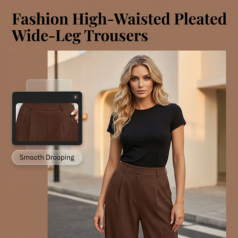 ✨ Polished Comfort | Women's High-Waist Pleated Wide-Leg Trousers with Deep Pockets