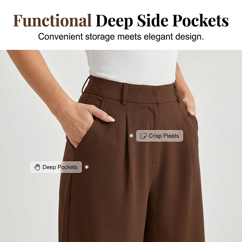 ✨ Polished Comfort | Women's High-Waist Pleated Wide-Leg Trousers with Deep Pockets